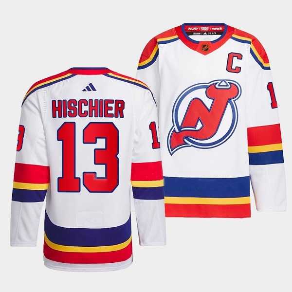 Mens New Jersey Devils #13 Nico Hischier White 2022-23 Reverse Retro Stitched Jersey Dzhi->new jersey devils->NHL Jersey